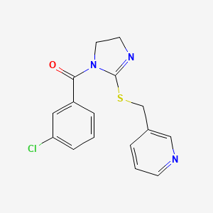 molecular formula C16H14ClN3OS B2434169 (3-Chlorophenyl)-[2-(pyridin-3-ylmethylsulfanyl)-4,5-dihydroimidazol-1-yl]methanone CAS No. 851807-60-8