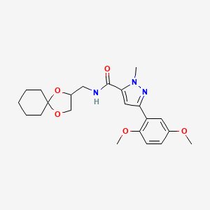 molecular formula C22H29N3O5 B2434177 N-(1,4-二氧杂螺[4.5]癸-2-基甲基)-3-(2,5-二甲氧苯基)-1-甲基-1H-吡唑-5-甲酰胺 CAS No. 1396857-48-9
