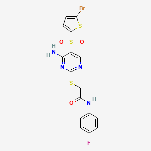 molecular formula C16H12BrFN4O3S3 B2434193 2-({4-氨基-5-[(5-溴噻吩-2-基)磺酰基]嘧啶-2-基}硫代)-N-(4-氟苯基)乙酰胺 CAS No. 1223836-61-0