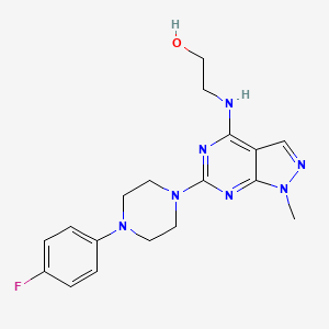 molecular formula C18H22FN7O B2434207 2-((6-(4-(4-fluorophenyl)piperazin-1-yl)-1-methyl-1H-pyrazolo[3,4-d]pyrimidin-4-yl)amino)ethanol CAS No. 896009-08-8