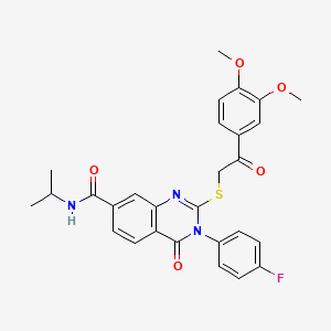 molecular formula C28H26FN3O5S B2434220 2-((2-(3,4-二甲氧基苯基)-2-氧代乙基)硫)-3-(4-氟苯基)-N-异丙基-4-氧代-3,4-二氢喹唑啉-7-甲酰胺 CAS No. 1113138-02-5