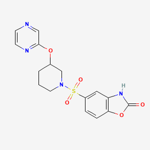 molecular formula C16H16N4O5S B2434235 5-((3-(pyrazin-2-yloxy)piperidin-1-yl)sulfonyl)benzo[d]oxazol-2(3H)-one CAS No. 2034485-12-4
