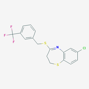 molecular formula C17H13ClF3NS2 B2434338 7-Chloro-4-{[3-(trifluoromethyl)benzyl]sulfanyl}-2,3-dihydro-1,5-benzothiazepine CAS No. 477855-80-4