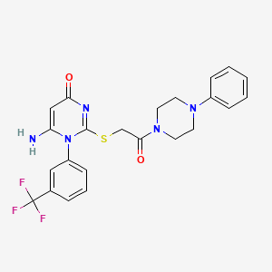 molecular formula C23H22F3N5O2S B2434383 6-amino-2-((2-oxo-2-(4-phenylpiperazin-1-yl)ethyl)thio)-1-(3-(trifluoromethyl)phenyl)pyrimidin-4(1H)-one CAS No. 872629-72-6