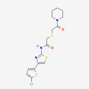 molecular formula C16H18ClN3O2S3 B2434489 N-[4-(5-chlorothiophen-2-yl)-1,3-thiazol-2-yl]-2-(2-oxo-2-piperidin-1-ylethyl)sulfanylacetamide CAS No. 681224-87-3
