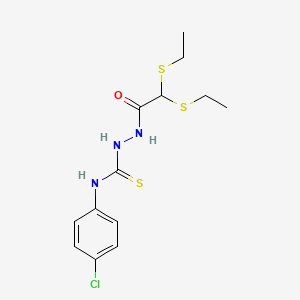 molecular formula C13H18ClN3OS3 B2434499 2-[2,2-双(乙硫基)乙酰基]-N-(4-氯苯基)-1-肼基碳硫酰胺 CAS No. 338394-33-5