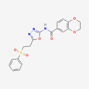 molecular formula C19H17N3O6S B2434651 N-(5-(2-(phenylsulfonyl)ethyl)-1,3,4-oxadiazol-2-yl)-2,3-dihydrobenzo[b][1,4]dioxine-6-carboxamide CAS No. 923462-45-7
