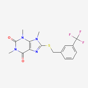molecular formula C16H15F3N4O2S B2434652 1,3,9-Trimethyl-8-[[3-(trifluoromethyl)phenyl]methylsulfanyl]purine-2,6-dione CAS No. 897453-59-7
