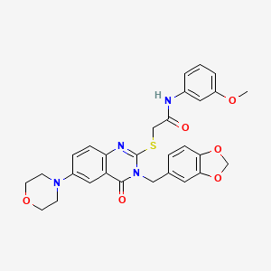 molecular formula C29H28N4O6S B2434672 2-[3-(1,3-benzodioxol-5-ylmethyl)-6-morpholin-4-yl-4-oxoquinazolin-2-yl]sulfanyl-N-(3-methoxyphenyl)acetamide CAS No. 689772-51-8