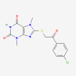 molecular formula C15H13ClN4O3S B2434675 8-((2-(4-chlorophenyl)-2-oxoethyl)thio)-3,7-dimethyl-1H-purine-2,6(3H,7H)-dione CAS No. 299421-61-7