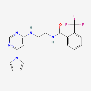 molecular formula C18H16F3N5O B2434698 N-(2-((6-(1H-吡咯-1-基)嘧啶-4-基)氨基)乙基)-2-(三氟甲基)苯甲酰胺 CAS No. 1396685-44-1