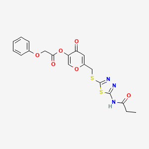molecular formula C19H17N3O6S2 B2434703 4-oxo-6-(((5-propionamido-1,3,4-thiadiazol-2-yl)thio)methyl)-4H-pyran-3-yl 2-phenoxyacetate CAS No. 896007-10-6