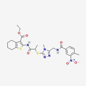 molecular formula C26H30N6O6S2 B2434749 ethyl 2-(2-((4-methyl-5-((4-methyl-3-nitrobenzamido)methyl)-4H-1,2,4-triazol-3-yl)thio)propanamido)-4,5,6,7-tetrahydrobenzo[b]thiophene-3-carboxylate CAS No. 393815-11-7
