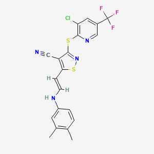 molecular formula C20H14ClF3N4S2 B2434830 3-((3-Chloro-5-(trifluoromethyl)-2-pyridinyl)sulfanyl)-5-(2-(3,4-dimethylphenylamino)vinyl)-4-isothiazolecarbonitrile CAS No. 338413-00-6