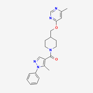 molecular formula C22H25N5O2 B2434855 (5-methyl-1-phenyl-1H-pyrazol-4-yl)(4-(((6-methylpyrimidin-4-yl)oxy)methyl)piperidin-1-yl)methanone CAS No. 2309258-98-6