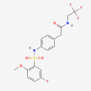 molecular formula C17H16F4N2O4S B2434932 2-(4-(5-fluoro-2-methoxyphenylsulfonamido)phenyl)-N-(2,2,2-trifluoroethyl)acetamide CAS No. 1235320-75-8