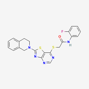 molecular formula C22H18FN5OS2 B2435068 2-((2-(3,4-dihydroisoquinolin-2(1H)-yl)thiazolo[4,5-d]pyrimidin-7-yl)thio)-N-(2-fluorophenyl)acetamide CAS No. 1207004-89-4