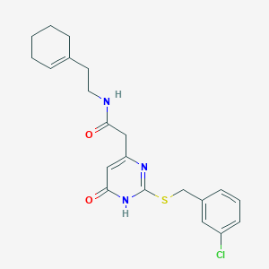 molecular formula C21H24ClN3O2S B2435158 2-(2-((3-chlorobenzyl)thio)-6-oxo-1,6-dihydropyrimidin-4-yl)-N-(2-(cyclohex-1-en-1-yl)ethyl)acetamide CAS No. 1105212-71-2