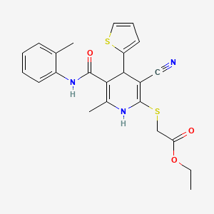 molecular formula C23H23N3O3S2 B2435239 Ethyl ({3-cyano-6-methyl-5-[(2-methylphenyl)carbamoyl]-4-(thiophen-2-yl)-1,4-dihydropyridin-2-yl}sulfanyl)acetate CAS No. 327168-32-1