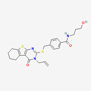 molecular formula C24H27N3O3S2 B2435244 N-(3-hydroxypropyl)-4-({[3-oxo-4-(prop-2-en-1-yl)-8-thia-4,6-diazatricyclo[7.4.0.0^{2,7}]trideca-1(9),2(7),5-trien-5-yl]sulfanyl}methyl)benzamide CAS No. 325693-38-7