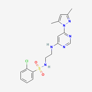 molecular formula C17H19ClN6O2S B2435285 2-氯-N-(2-((6-(3,5-二甲基-1H-吡唑-1-基)嘧啶-4-基)氨基)乙基)苯磺酰胺 CAS No. 1171943-07-9