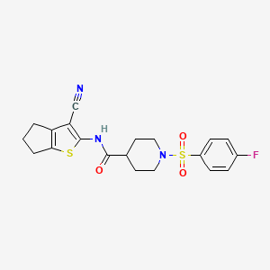 molecular formula C20H20FN3O3S2 B2435343 N-(3-cyano-5,6-dihydro-4H-cyclopenta[b]thiophen-2-yl)-1-((4-fluorophenyl)sulfonyl)piperidine-4-carboxamide CAS No. 923367-88-8