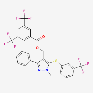 molecular formula C27H17F9N2O2S B2435384 (1-methyl-3-phenyl-5-{[3-(trifluoromethyl)phenyl]sulfanyl}-1H-pyrazol-4-yl)methyl 3,5-bis(trifluoromethyl)benzenecarboxylate CAS No. 318497-74-4