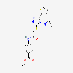 molecular formula C21H19N5O3S2 B2435482 ethyl 4-[({[4-(1H-pyrrol-1-yl)-5-(thiophen-2-yl)-4H-1,2,4-triazol-3-yl]sulfanyl}acetyl)amino]benzoate CAS No. 886939-13-5