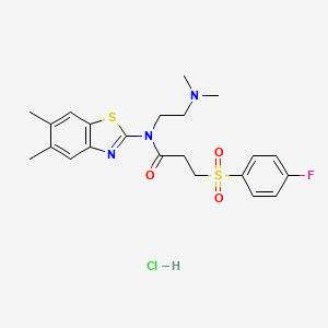 molecular formula C22H27ClFN3O3S2 B2435572 N-(2-(dimethylamino)ethyl)-N-(5,6-dimethylbenzo[d]thiazol-2-yl)-3-((4-fluorophenyl)sulfonyl)propanamide hydrochloride CAS No. 1216468-98-2