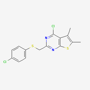 molecular formula C15H12Cl2N2S2 B2435647 4-Chloro-2-{[(4-chlorophenyl)sulfanyl]methyl}-5,6-dimethylthieno[2,3-d]pyrimidine CAS No. 793727-83-0