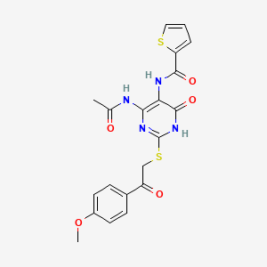 molecular formula C20H18N4O5S2 B2435815 N-(4-acetamido-2-((2-(4-methoxyphenyl)-2-oxoethyl)thio)-6-oxo-1,6-dihydropyrimidin-5-yl)thiophene-2-carboxamide CAS No. 872609-06-8