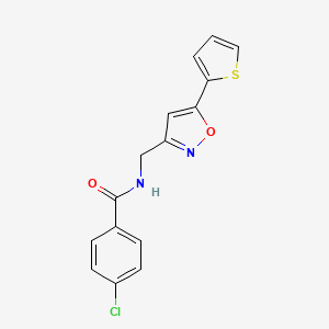 molecular formula C15H11ClN2O2S B2435898 4-chloro-N-((5-(thiophen-2-yl)isoxazol-3-yl)methyl)benzamide CAS No. 946263-20-3