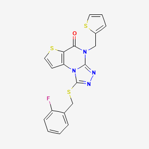 molecular formula C19H13FN4OS3 B2435941 1-((2-fluorobenzyl)thio)-4-(thiophen-2-ylmethyl)thieno[2,3-e][1,2,4]triazolo[4,3-a]pyrimidin-5(4H)-one CAS No. 1223950-04-6