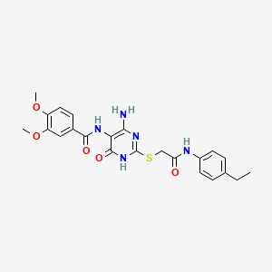 molecular formula C23H25N5O5S B2435974 N-(4-amino-2-((2-((4-ethylphenyl)amino)-2-oxoethyl)thio)-6-oxo-1,6-dihydropyrimidin-5-yl)-3,4-dimethoxybenzamide CAS No. 868226-99-7