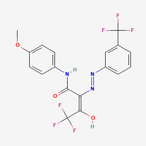 molecular formula C18H13F6N3O3 B2436026 (2E)-4,4,4-trifluoro-N-(4-methoxyphenyl)-3-oxo-2-{2-[3-(trifluoromethyl)phenyl]hydrazin-1-ylidene}butanamide CAS No. 866130-99-6