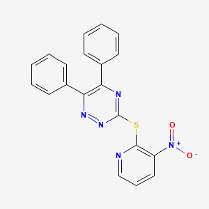 molecular formula C20H13N5O2S B2436068 3-[(3-Nitro-2-pyridinyl)sulfanyl]-5,6-diphenyl-1,2,4-triazine CAS No. 866050-50-2