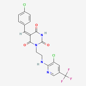 molecular formula C19H13Cl2F3N4O3 B2436126 5-((4-Chlorophenyl)methylene)-1-(2-((3-chloro-5-(trifluoromethyl)-2-pyridinyl)amino)ethyl)-2,4,6(1H,3H,5H)-pyrimidinetrione CAS No. 306978-09-6