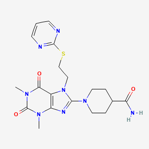 molecular formula C19H24N8O3S B2436174 1-[1,3-Dimethyl-2,6-dioxo-7-(2-pyrimidin-2-ylsulfanylethyl)purin-8-yl]piperidine-4-carboxamide CAS No. 476482-47-0