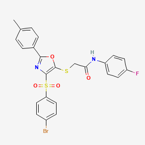 molecular formula C24H18BrFN2O4S2 B2436236 2-((4-((4-溴苯基)磺酰)-2-(对甲苯基)噁唑-5-基)硫)-N-(4-氟苯基)乙酰胺 CAS No. 850926-87-3