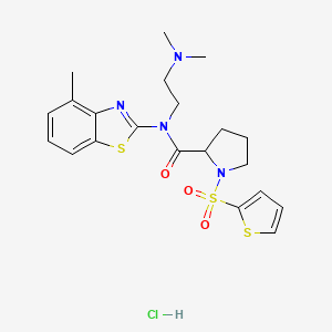 molecular formula C21H27ClN4O3S3 B2436259 N-(2-(dimethylamino)ethyl)-N-(4-methylbenzo[d]thiazol-2-yl)-1-(thiophen-2-ylsulfonyl)pyrrolidine-2-carboxamide hydrochloride CAS No. 1098638-33-5