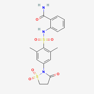 molecular formula C18H19N3O6S2 B2436307 2-(4-(1,1-二氧化-3-氧代异噻唑烷-2-基)-2,6-二甲基苯磺酰胺)苯甲酰胺 CAS No. 1015603-68-5