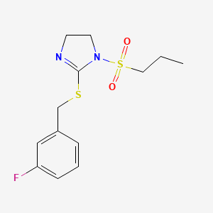 molecular formula C13H17FN2O2S2 B2436330 2-[(3-Fluorophenyl)methylsulfanyl]-1-propylsulfonyl-4,5-dihydroimidazole CAS No. 868216-70-0