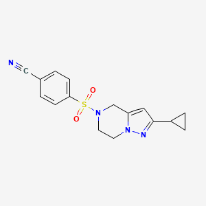 molecular formula C16H16N4O2S B2436396 4-((2-cyclopropyl-6,7-dihydropyrazolo[1,5-a]pyrazin-5(4H)-yl)sulfonyl)benzonitrile CAS No. 2034419-19-5