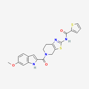 molecular formula C21H18N4O3S2 B2436465 N-(5-(6-甲氧基-1H-吲哚-2-羰基)-4,5,6,7-四氢噻吩并[5,4-c]吡啶-2-基)噻吩-2-甲酰胺 CAS No. 1396787-00-0