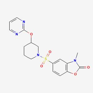 molecular formula C17H18N4O5S B2436491 3-methyl-5-((3-(pyrimidin-2-yloxy)piperidin-1-yl)sulfonyl)benzo[d]oxazol-2(3H)-one CAS No. 2034325-89-6