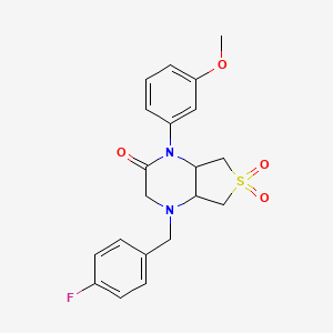 molecular formula C20H21FN2O4S B2436520 4-(4-フルオロベンジル)-1-(3-メトキシフェニル)ヘキサヒドロチエノ[3,4-b]ピラジン-2(1H)-オン 6,6-ジオキシド CAS No. 1049552-50-2