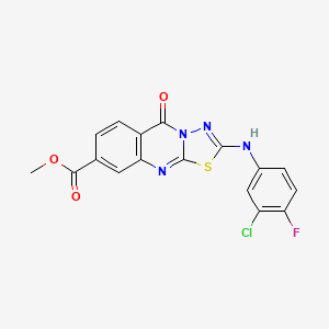molecular formula C17H10ClFN4O3S B2436554 methyl 2-((3-chloro-4-fluorophenyl)amino)-5-oxo-5H-[1,3,4]thiadiazolo[2,3-b]quinazoline-8-carboxylate CAS No. 946330-43-4
