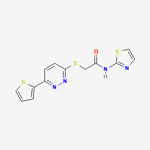 molecular formula C13H10N4OS3 B2436577 N-(thiazol-2-yl)-2-((6-(thiophen-2-yl)pyridazin-3-yl)thio)acetamide CAS No. 872704-25-1