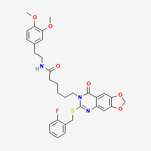 molecular formula C32H34FN3O6S B2436607 N-(3,4-dimethoxyphenethyl)-6-(6-((2-fluorobenzyl)thio)-8-oxo-[1,3]dioxolo[4,5-g]quinazolin-7(8H)-yl)hexanamide CAS No. 688061-49-6