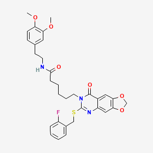 molecular formula C32H34FN3O6S B2436607 N-(3,4-二甲氧基苯乙基)-6-(6-((2-氟苄基)硫代)-8-氧代-[1,3]二氧杂环[4,5-g]喹唑啉-7(8H)-基)己酰胺 CAS No. 688061-49-6